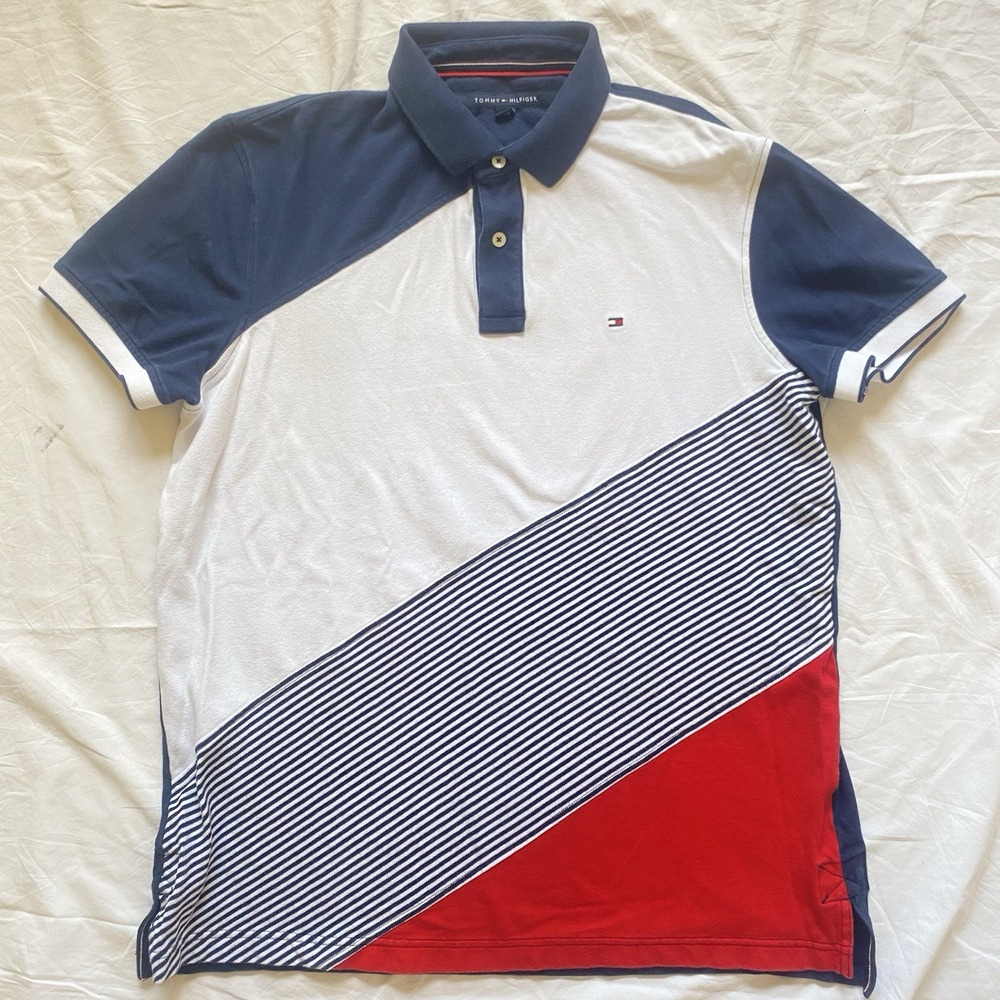 Tommy Hilfiger Men's L Polo Colorblock Red Navy White Diagonal Stripe Y2K Rugby